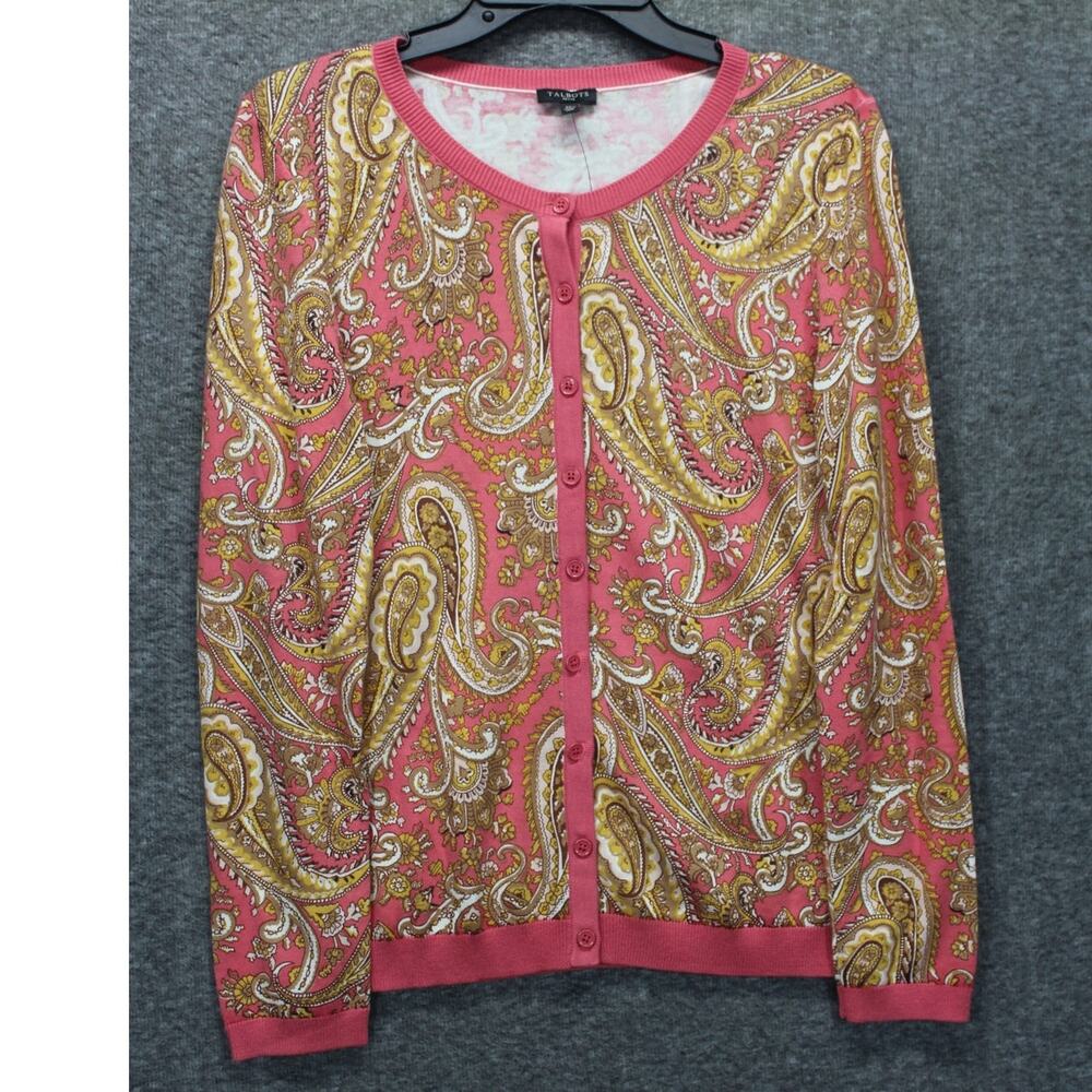 Talbots Charming English Paisley Cardigan Pink/Gold Women's Petite Medium NEW